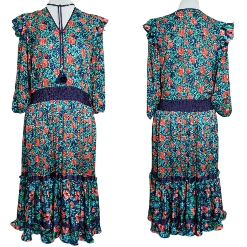 Vintage Diane Freis Floral Beaded Georgette Midi‎ Dress Boho 80s Teal Red
